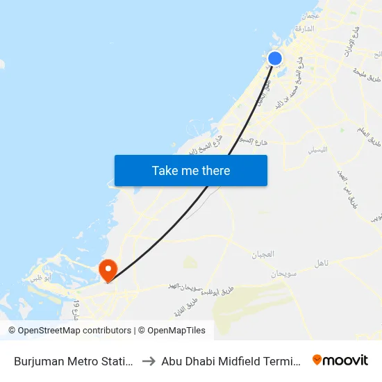 Burjuman Metro Station to Abu Dhabi Midfield Terminal map