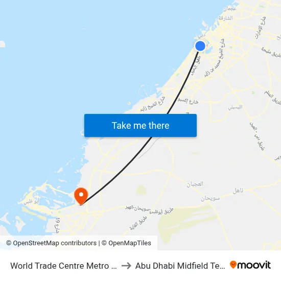 World Trade Centre Metro Station to Abu Dhabi Midfield Terminal map