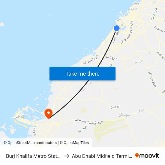 Burj Khalifa Metro Station to Abu Dhabi Midfield Terminal map