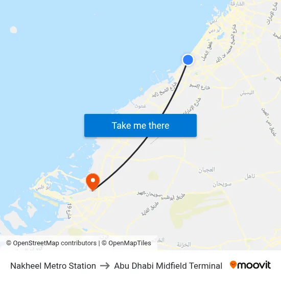 Nakheel Metro Station to Abu Dhabi Midfield Terminal map