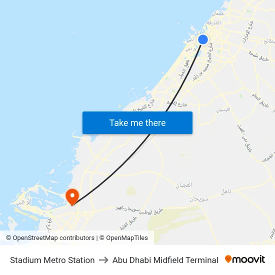 Stadium Metro Station to Abu Dhabi Midfield Terminal map