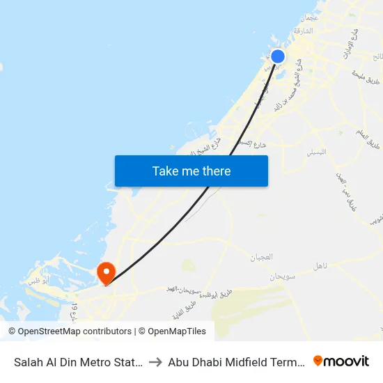 Salah Al Din Metro Station to Abu Dhabi Midfield Terminal map