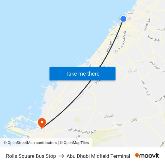 Rolla Square Bus Stop to Abu Dhabi Midfield Terminal map
