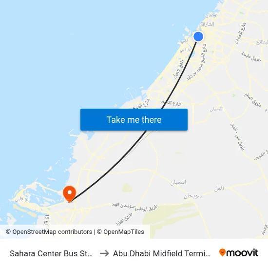 Sahara Center Bus Stop to Abu Dhabi Midfield Terminal map