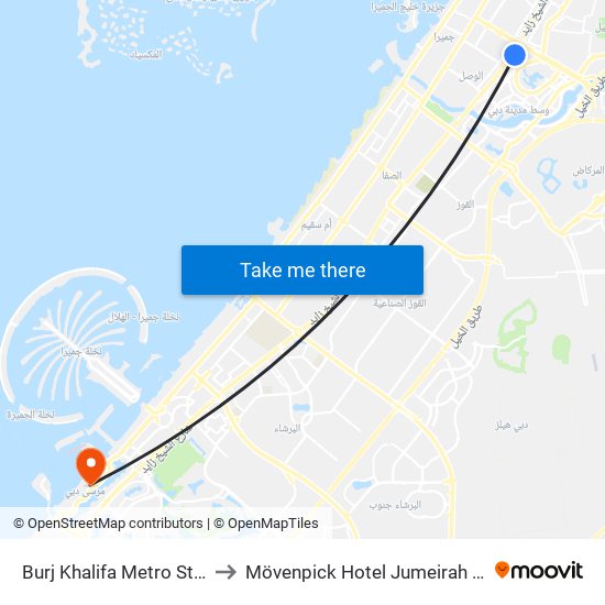 Burj Khalifa Metro Station to Mövenpick Hotel Jumeirah Beach map