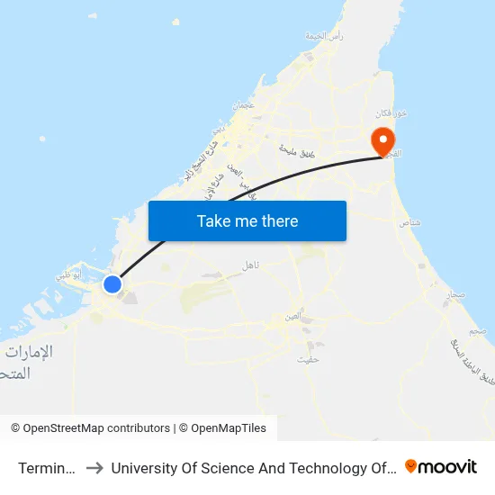 Terminal 1 to University of Science and Technology of Fujairah map