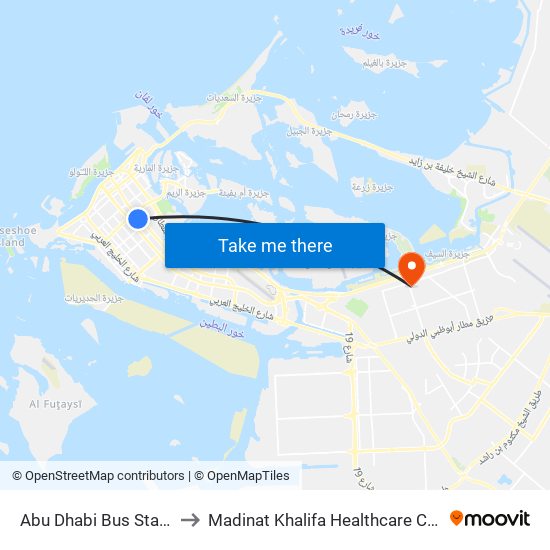 Abu Dhabi Bus Station to Madinat Khalifa Healthcare Center map