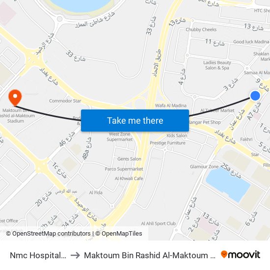 Nmc Hospital - 02 to Maktoum Bin Rashid Al-Maktoum Stadium map