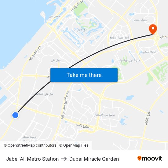 Jabel Ali Metro Station to Dubai Miracle Garden map