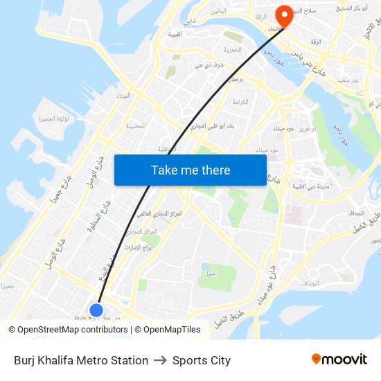 Burj Khalifa Metro Station to Sports City map