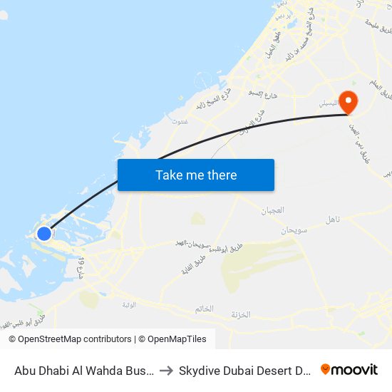 Abu Dhabi Al Wahda Bus Station to Skydive Dubai Desert Dropzone map