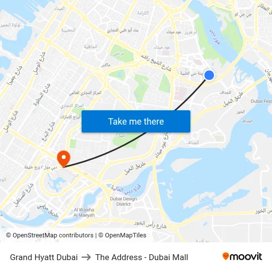 Grand Hyatt Dubai to The Address - Dubai Mall map