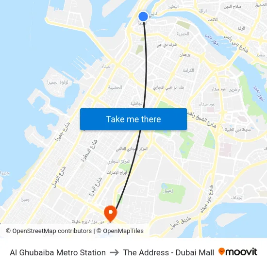 Al Ghubaiba Metro Station to The Address - Dubai Mall map