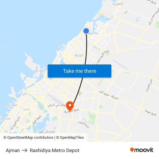 Ajman to Rashidiya Metro Depot map
