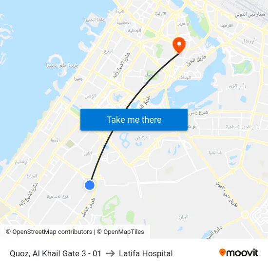 Quoz, Al Khail Gate 3 - 01 to Latifa Hospital map