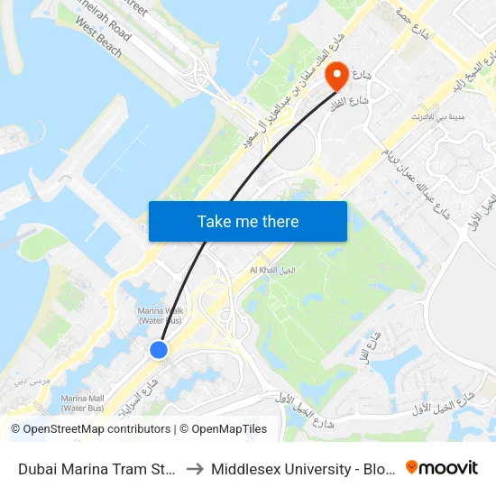 Dubai Marina Tram Station to Middlesex University - Block 16 map