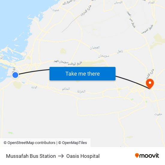 Mussafah Bus Station to Oasis Hospital map
