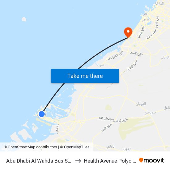 Abu Dhabi Al Wahda Bus Station to Health Avenue Polyclinics map