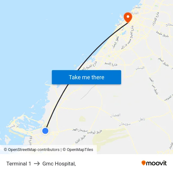 Terminal 1 to Gmc Hospital, map