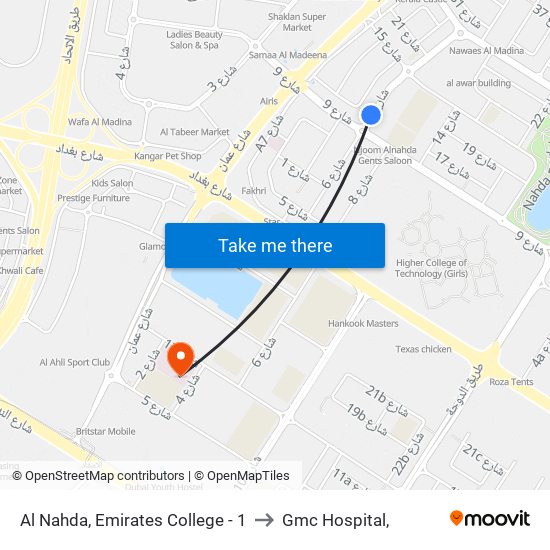 Al Nahda, Emirates College - 1 to Gmc Hospital, map