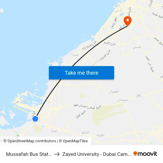 Mussafah Bus Station to Zayed University - Dubai Campus map