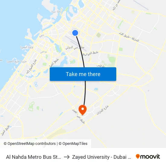 Al Nahda Metro Bus Stop - 02 to Zayed University - Dubai Campus map
