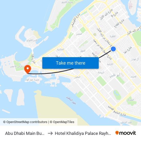 Abu Dhabi Main Bus Terminal to Hotel Khalidiya Palace Rayhaan by Rotana map