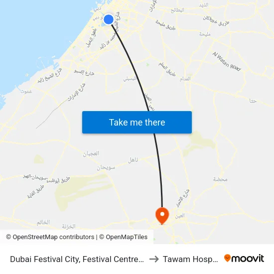 Dubai Festival City, Festival Centre - 01 to Tawam Hospital map