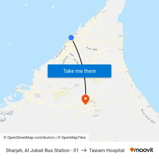 Sharjah, Al Jubail Bus Station - 01 to Tawam Hospital map