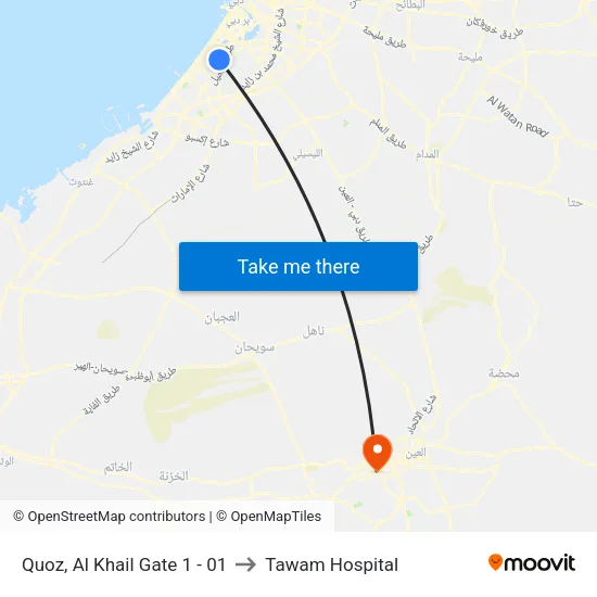Al Quoz, Al Khail Gate 1 - 01 to Tawam Hospital map