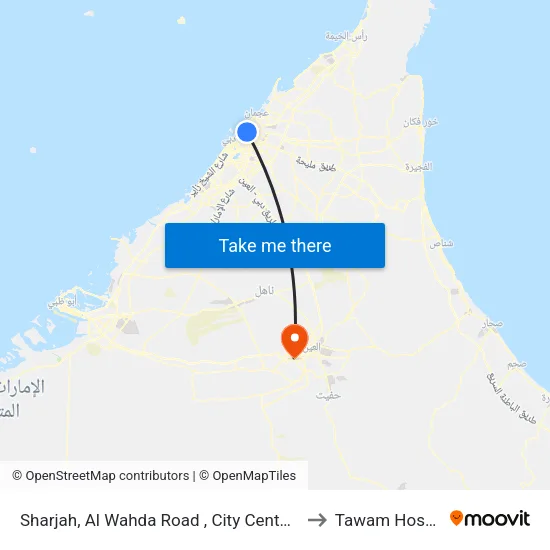 Sharjah, Al Wahda Road , City Center 1 - 01 to Tawam Hospital map