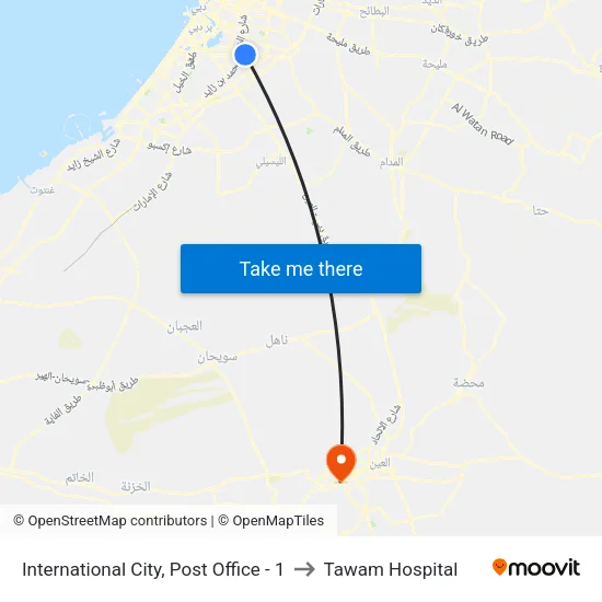 International City, Post Office - 1 to Tawam Hospital map