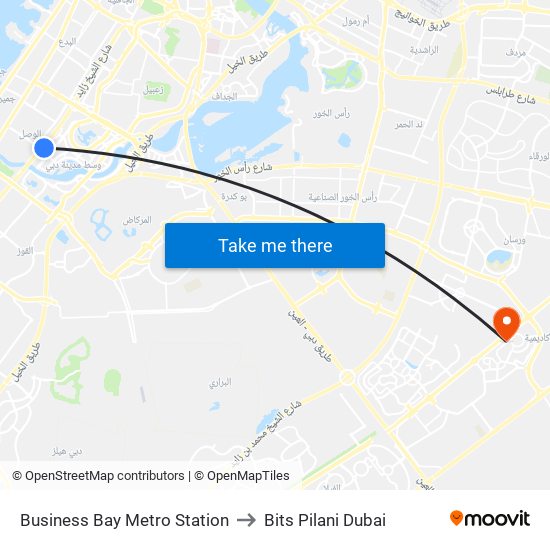 Business Bay Metro Station to Bits Pilani Dubai map