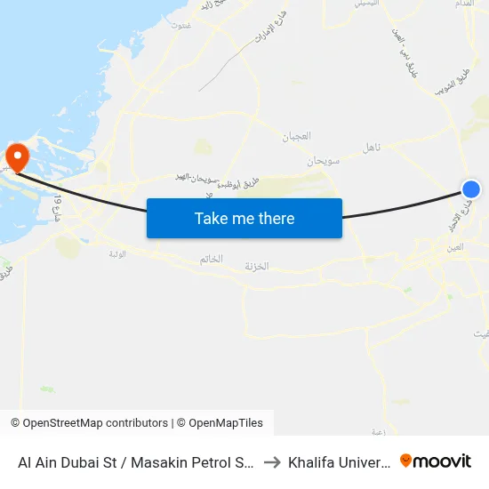 Al Ain Dubai Street / Masakin Petrol Station to Khalifa University map