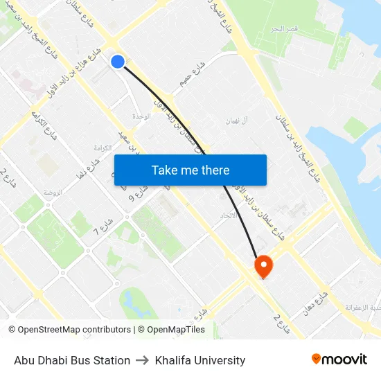 Abu Dhabi Bus Station to Khalifa University map