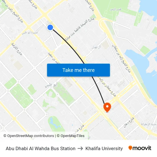 Abu Dhabi Al Wahda Bus Station to Khalifa University map