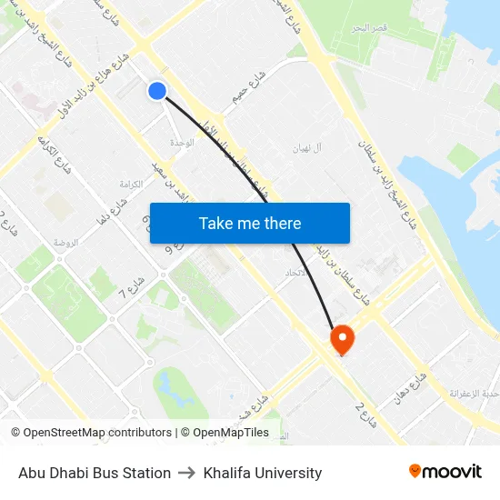 Abu Dhabi Bus Station to Khalifa University map