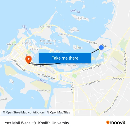 Yas Mall West to Khalifa University map