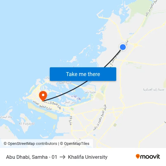 Abu Dhabi, Samha - 01 to Khalifa University map