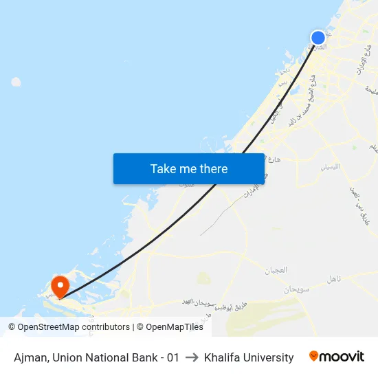 Ajman, Union National Bank - 01 to Khalifa University map