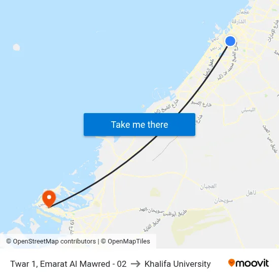 Twar 1, Emarat Al Mawred - 02 to Khalifa University map