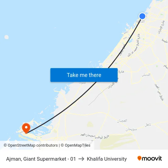Ajman, Giant Supermarket - 01 to Khalifa University map