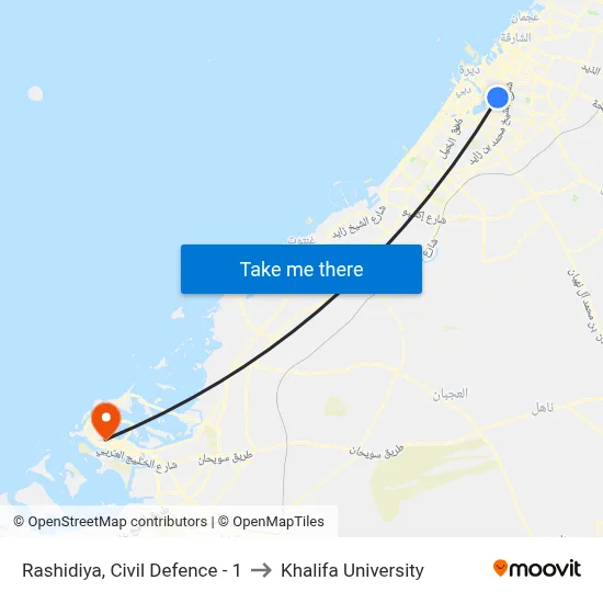 Rashidiya, Civil Defence - 1 to Khalifa University map
