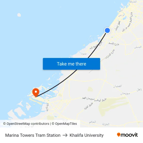 Marina Towers Tram Station to Khalifa University map