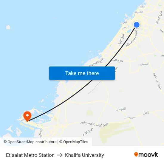 Etisalat Metro Station to Khalifa University map