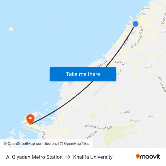 Al Qiyadah Metro Station to Khalifa University map
