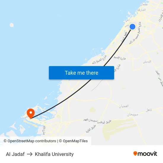 Al Jadaf to Khalifa University map