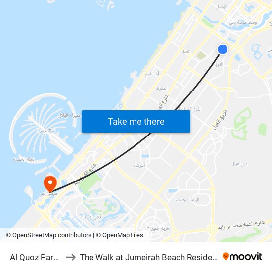 Al Quoz Park 1 to The Walk at Jumeirah Beach Residence map