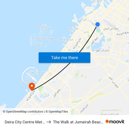 Deira City Centre Metro Station to The Walk at Jumeirah Beach Residence map