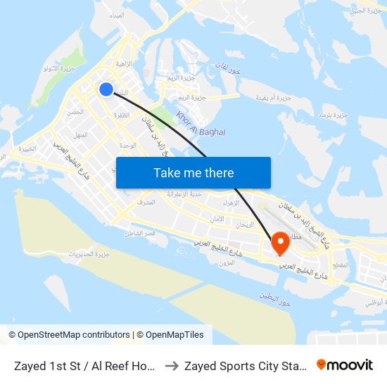 Zayed 1st St / Al Reef Hospital to Zayed Sports City Stadium map